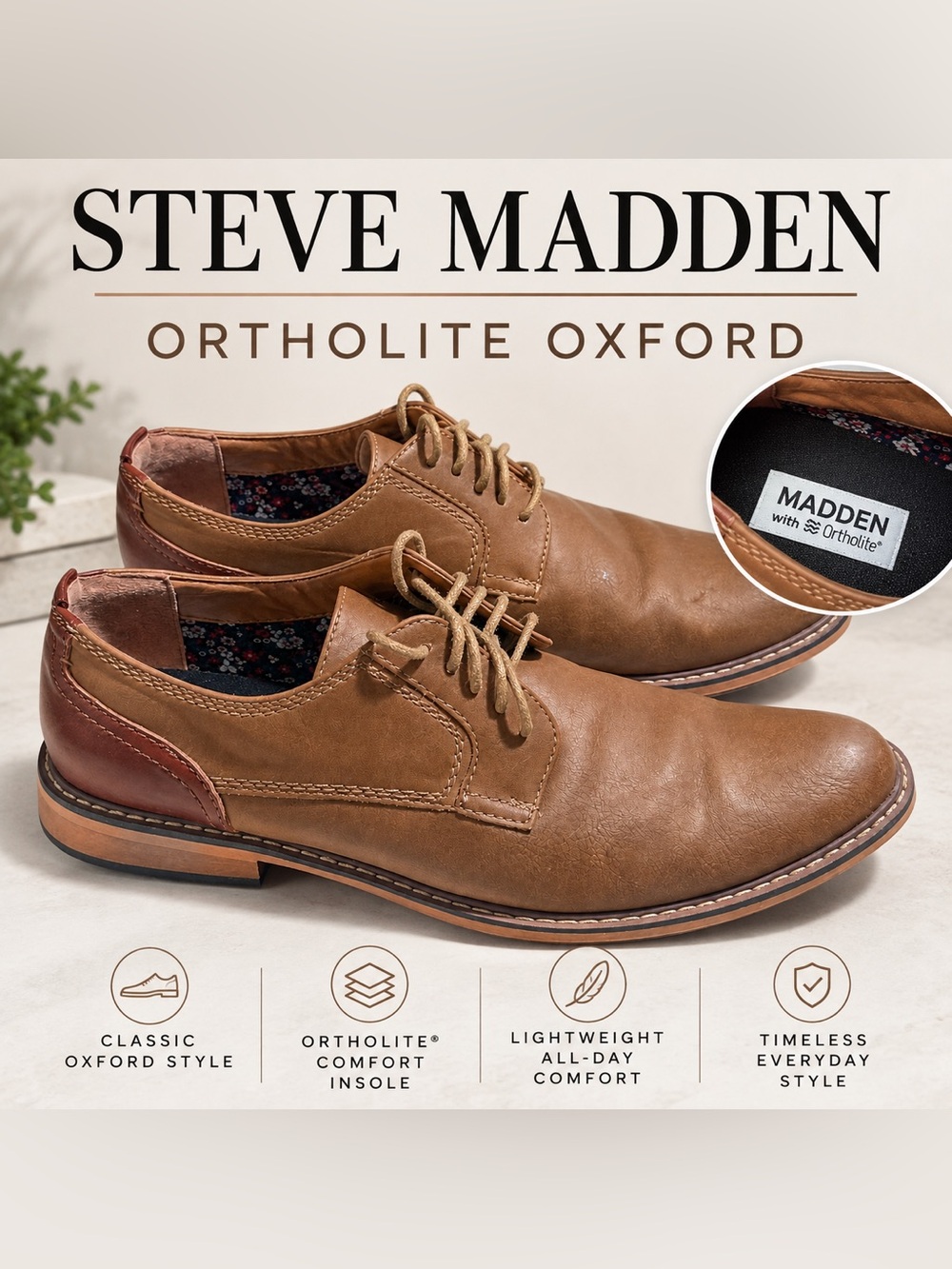 Steve Madden Brown Leather Oxford Shoes with Dark Brown Heel Accent